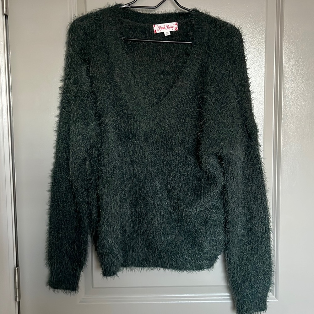 Pink Rose color Forest Green fuzzy sweater